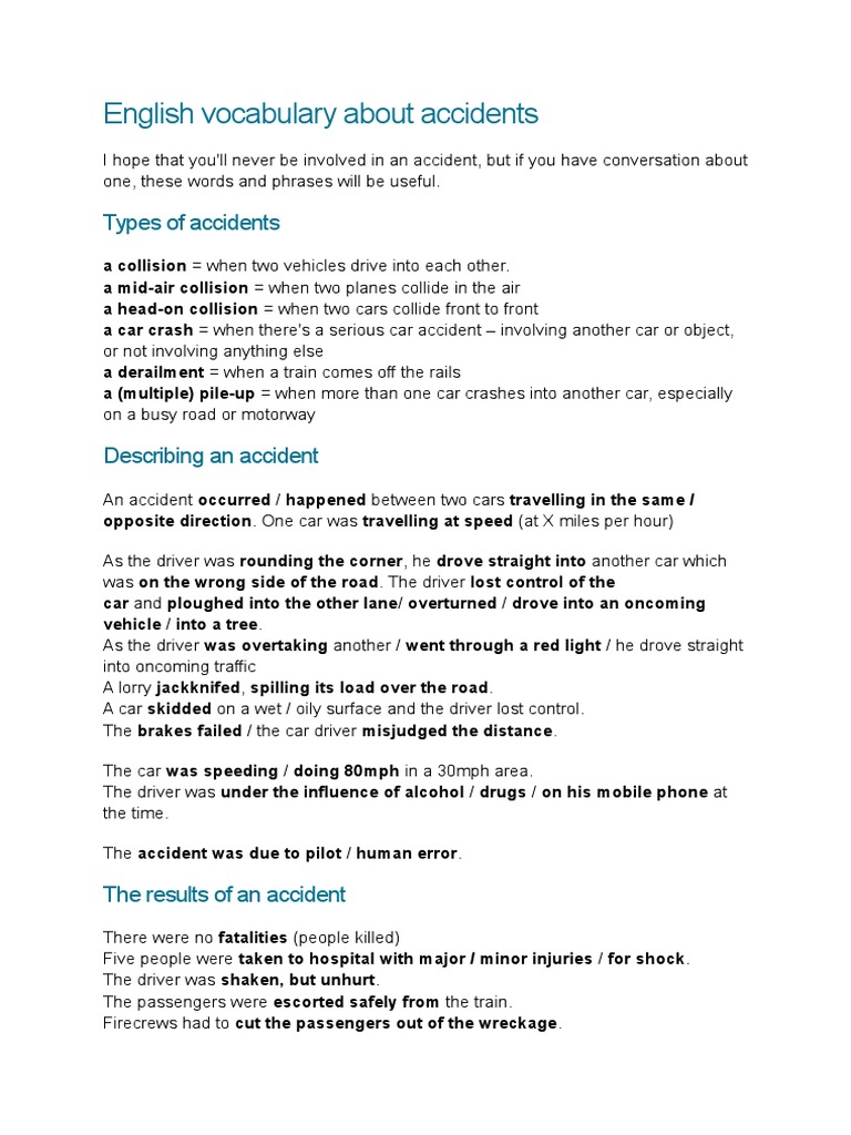 Vocab Car Crash PDF Traffic Collision Driving