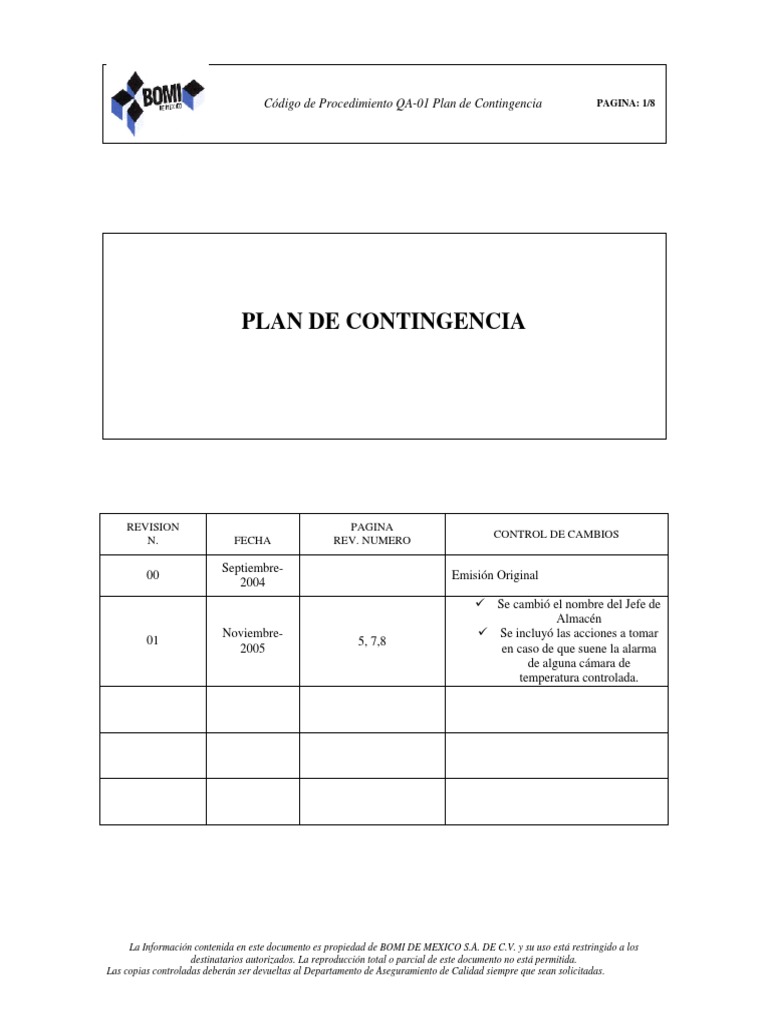 Qa 01 Plan De Contingencia Rev 01pdf Calidad Comercial Ciencia Y