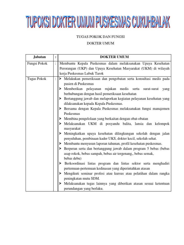 Tupoksi Dokter Umum Puskesmas Lubuk Tarok