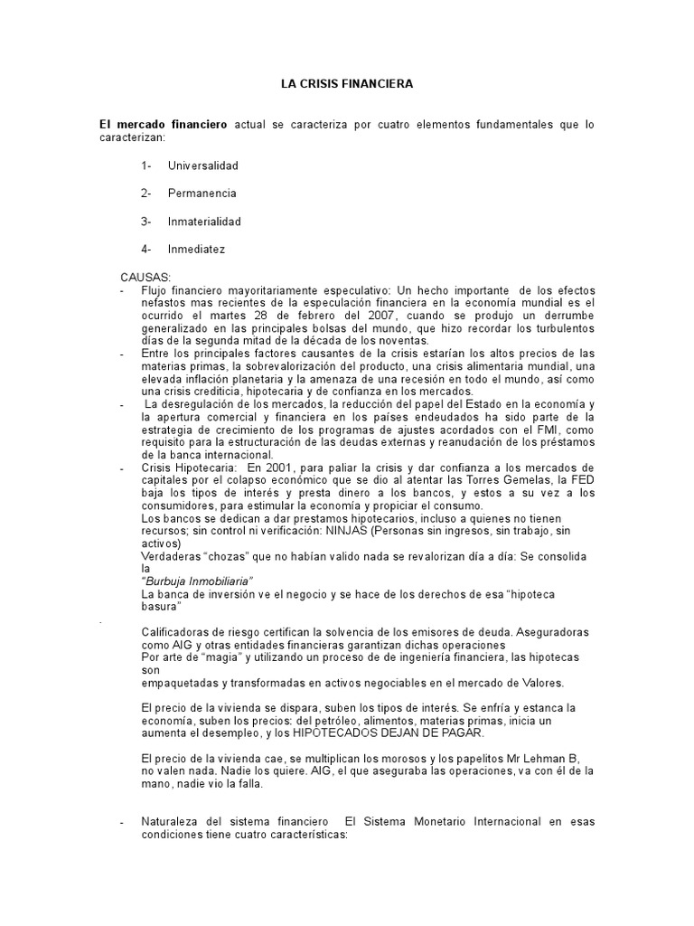 Causas y Consecuencias de la Crisis Financiera | PDF | Deflación ...