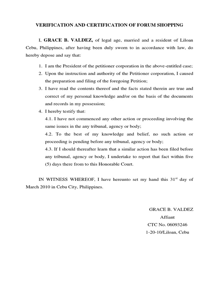 Verification and Certification of Forum Shopping SAMPLE PDF