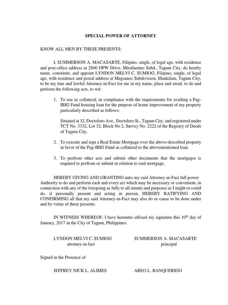 SPA Purpose Real Estate Mortgage Mortgage Law Power Of Attorney