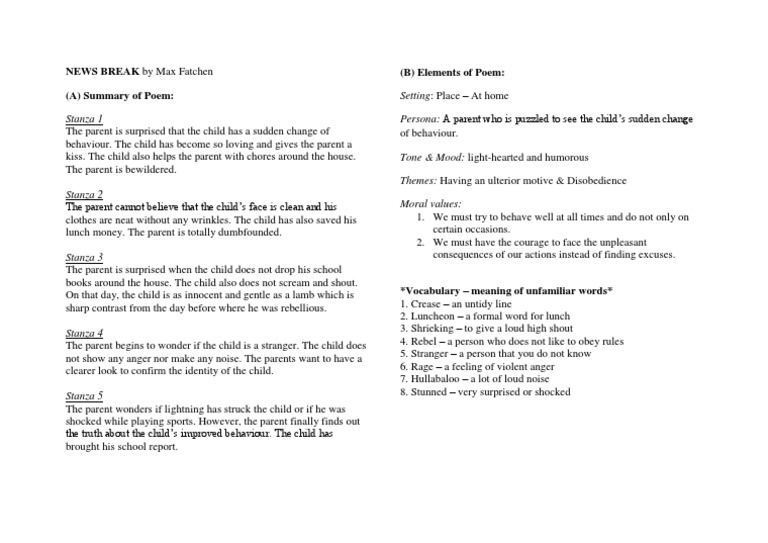 News Break By Max Fatchen B Elements Of Poem