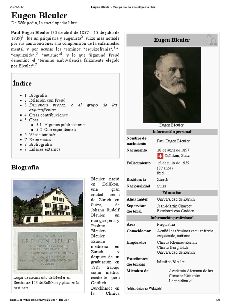 Eugen Bleuler Wikipedia, La Enciclopedia Libre Psychiatry Mental