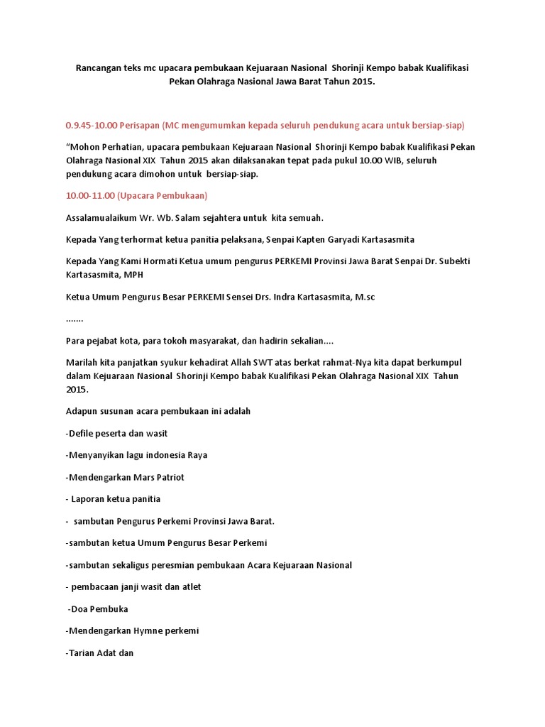 Rancangan Teks Mc Upacara Pembukaan Kejuaraan Nasional Shorinji Kempo Babak Kualifikasi Pekan Olahraga Nasional Jawa Barat Tahun 2015 Docx
