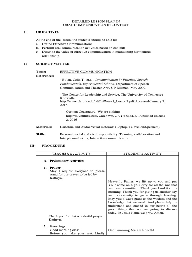 Detailed Lesson Plan. Lesson Plan Communication