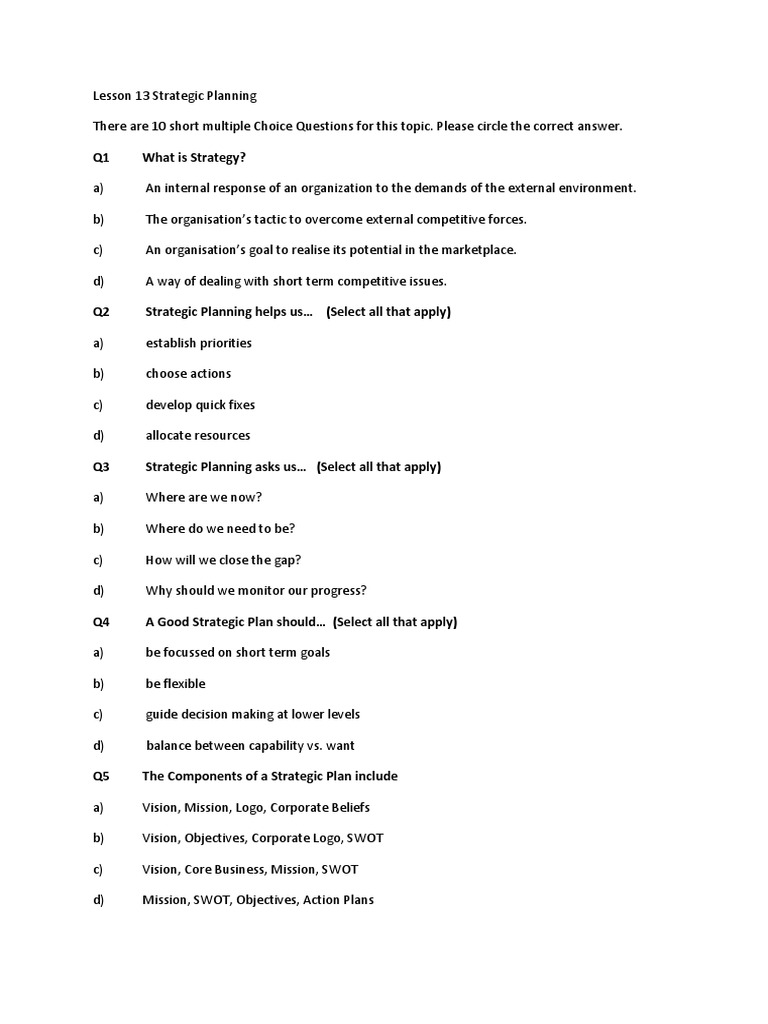Quiz L13 Strategic Planning | PDF | Strategic Planning | Swot Analysis