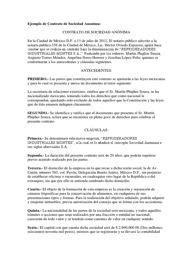 Ejemplo de Contrato de Sociedad Anonima | PDF | Sociedad de responsabilidad  limitada | Compartir (Finanzas)