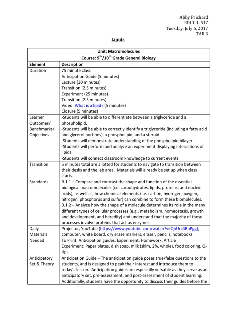 Lipids Lesson Plan PDF Biomolecules Homework