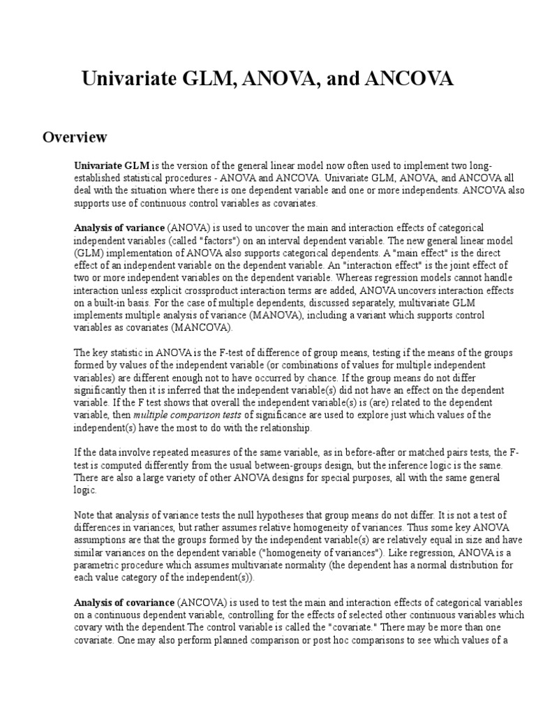 Univariate ANOVA and ANCOVA | PDF | Analysis Of Covariance | Analysis ...