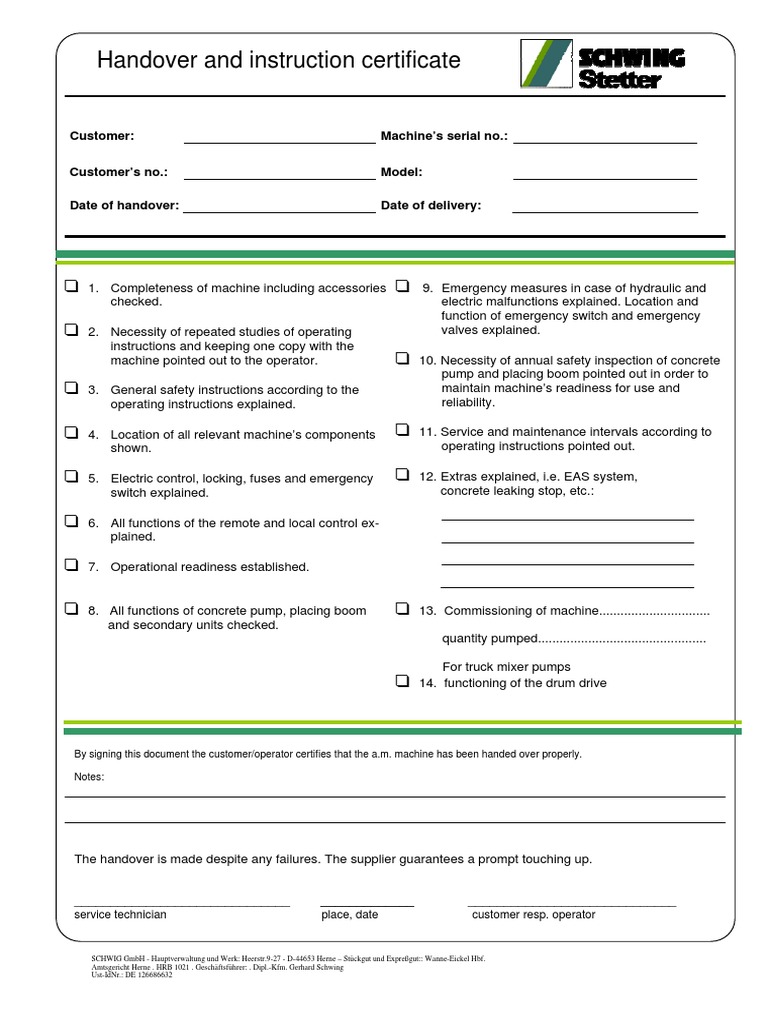 Handover Certificate for Concrete Pump | PDF | Engineering | Mechanical ...