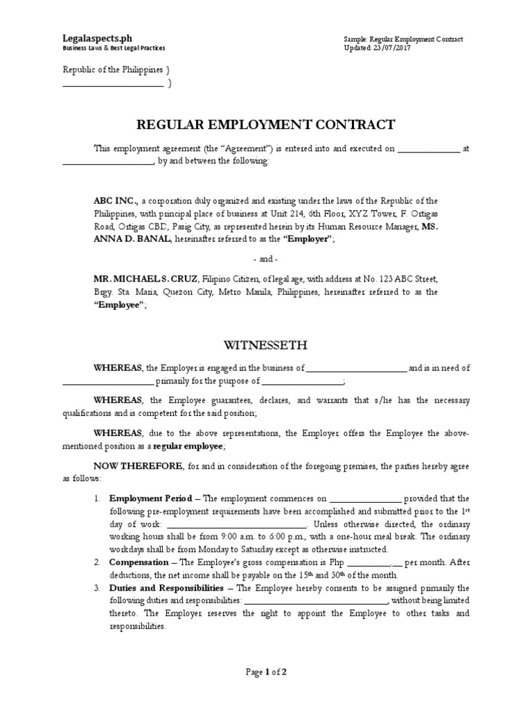 Sample - Regular Employment Contract - Legalaspects - PH | PDF ...