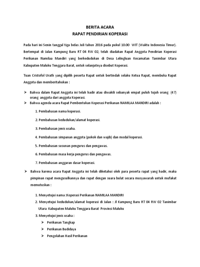 Berita Acara Rapat Pendirian Koperasi