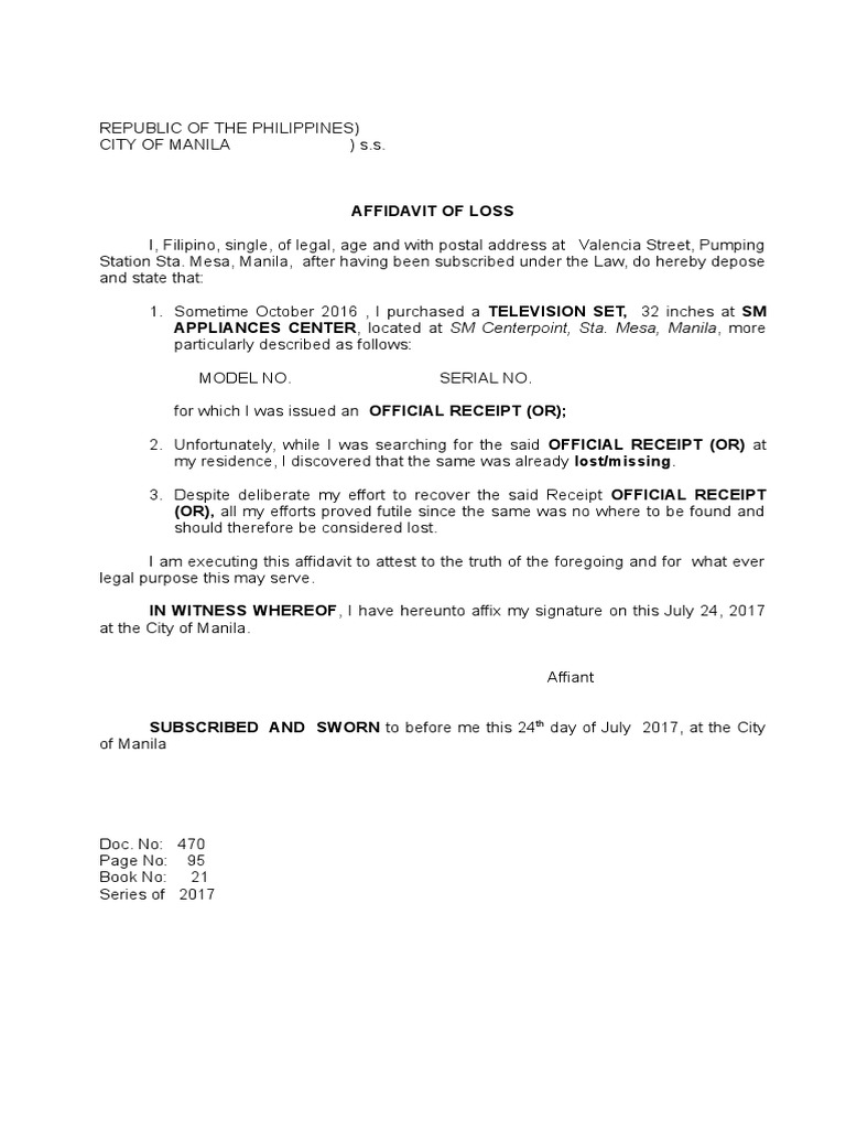 Affidavit of loss or for warranty.doc