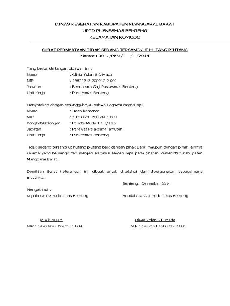 Surat Bebas Hutang Piutang