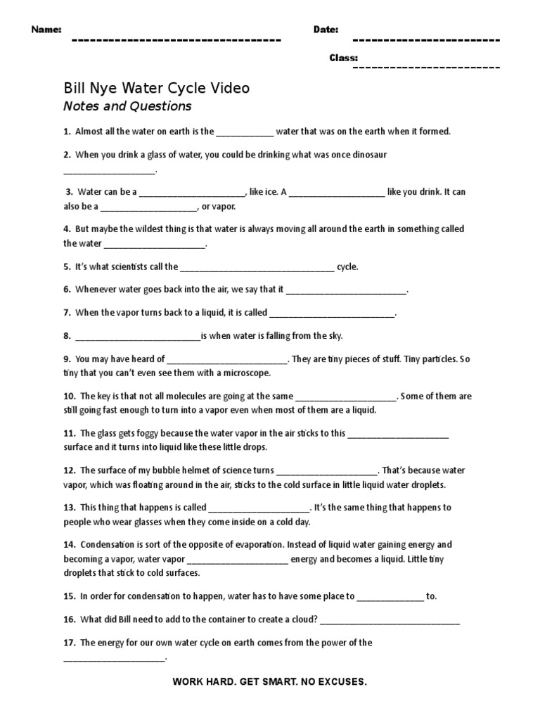 Bill Nye Water Cycle Ws With Blanks Water Vapor Water Cycle
