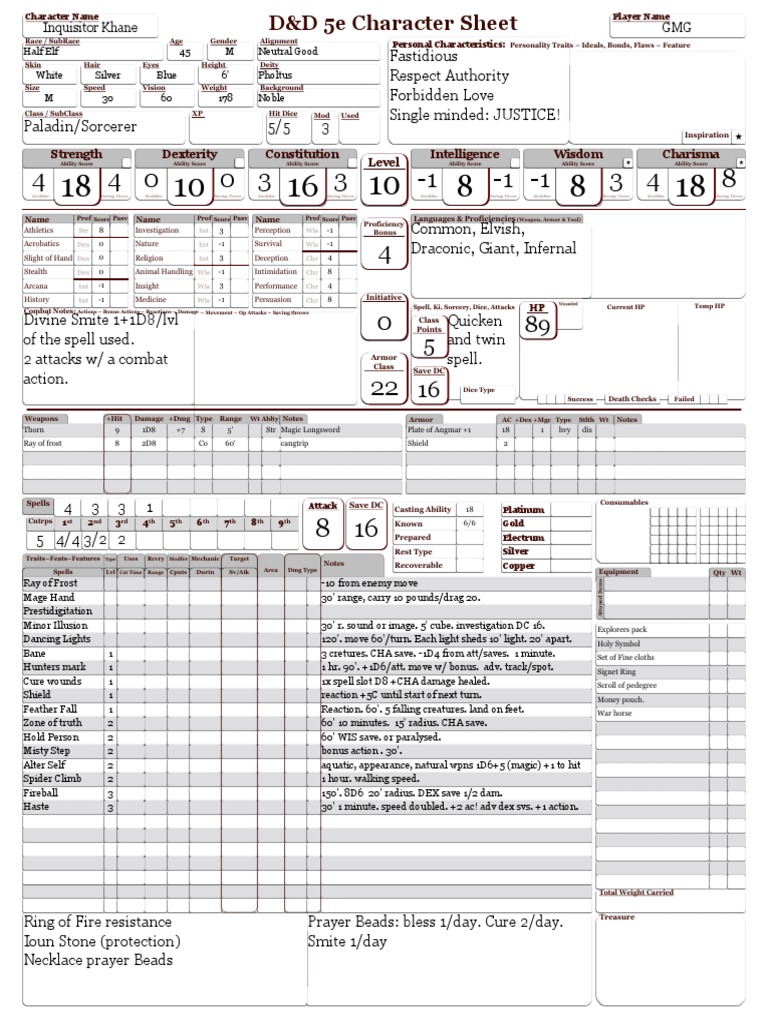 W 5E D&D Character Sheet 1pg v10 (Form) Role Playing Games Fantasy