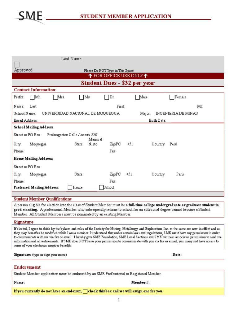 Student Membership Application Form | PDF | Mining | Email