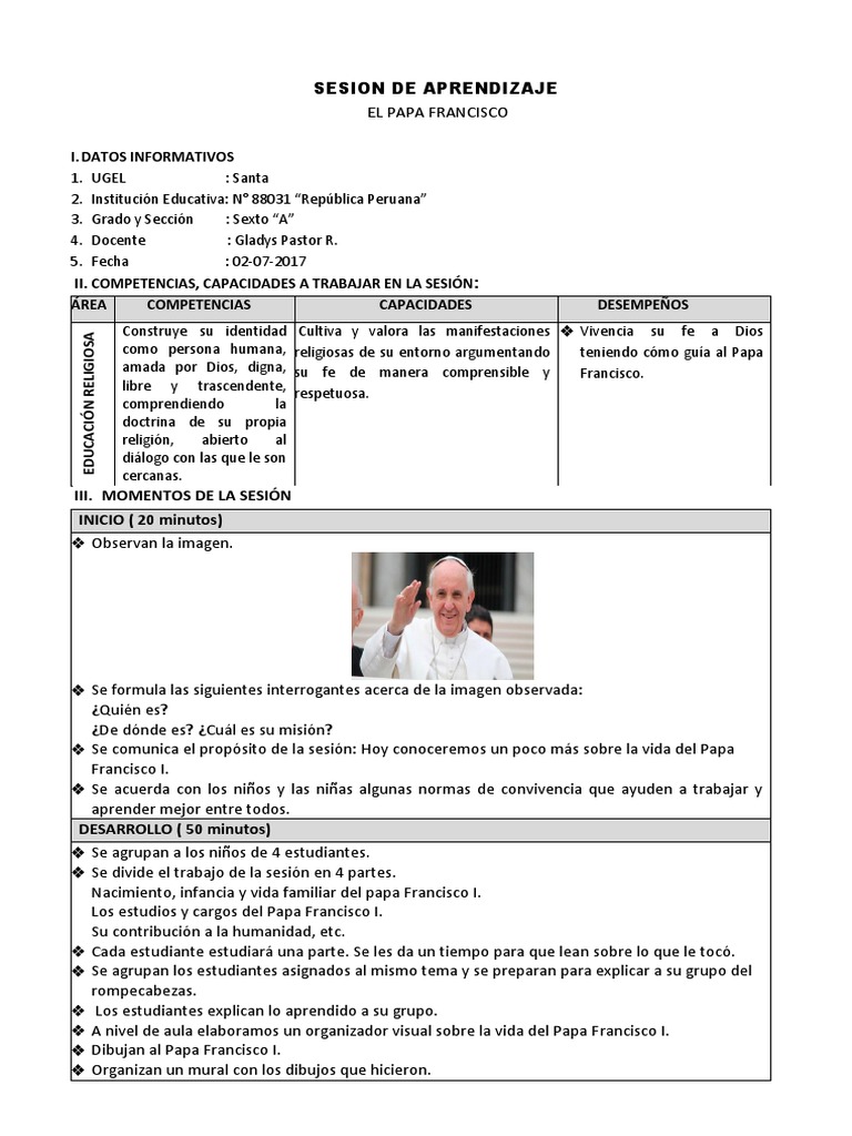 Sesion de Aprendizaje El Papa | PDF | Papa Francisco | Aprendizaje