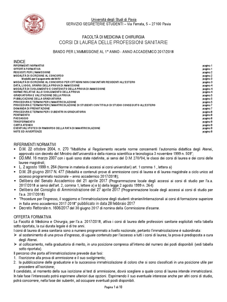 Bando Professioni Sanitarie 201718 Università Di Pavia Email Thesis