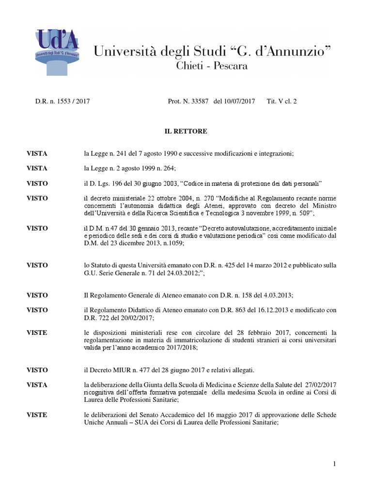 Bando Professioni Sanitarie 2017 18 Universita Chieti