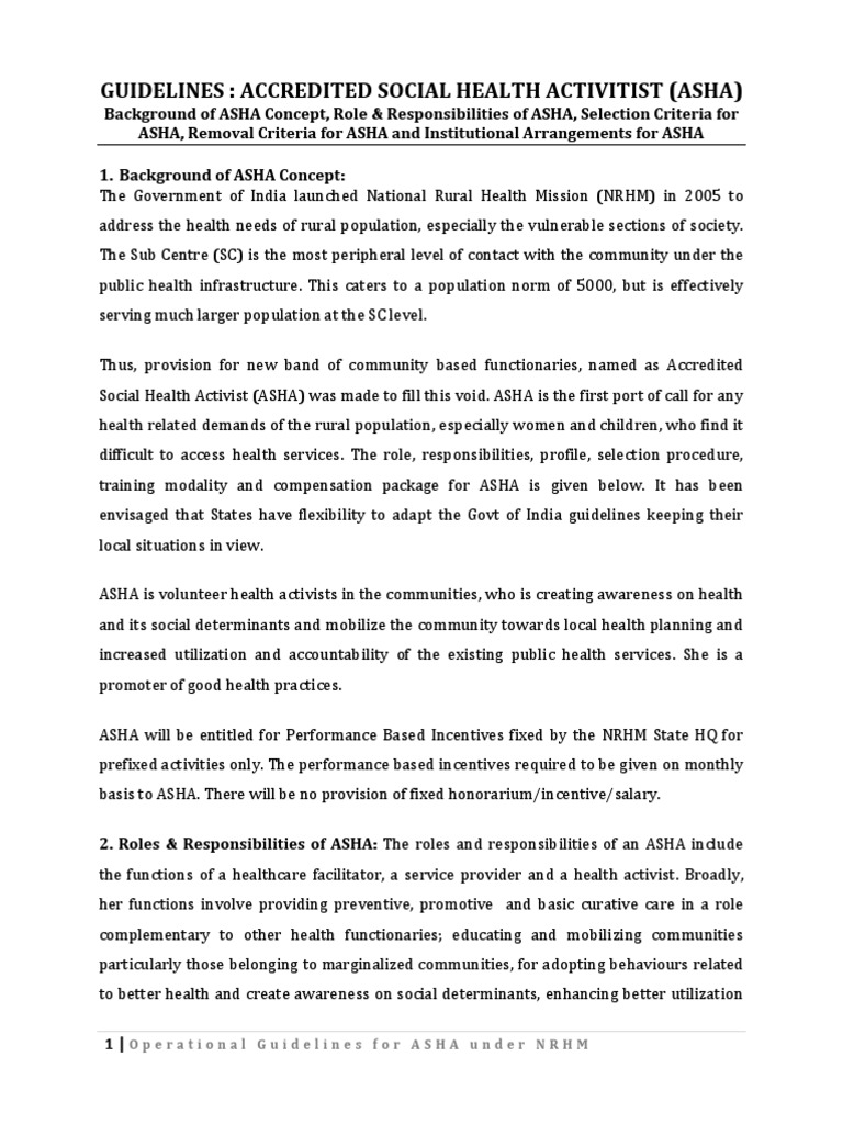 ASHA Operational Guidelines under NRHM | PDF | Non Governmental ...