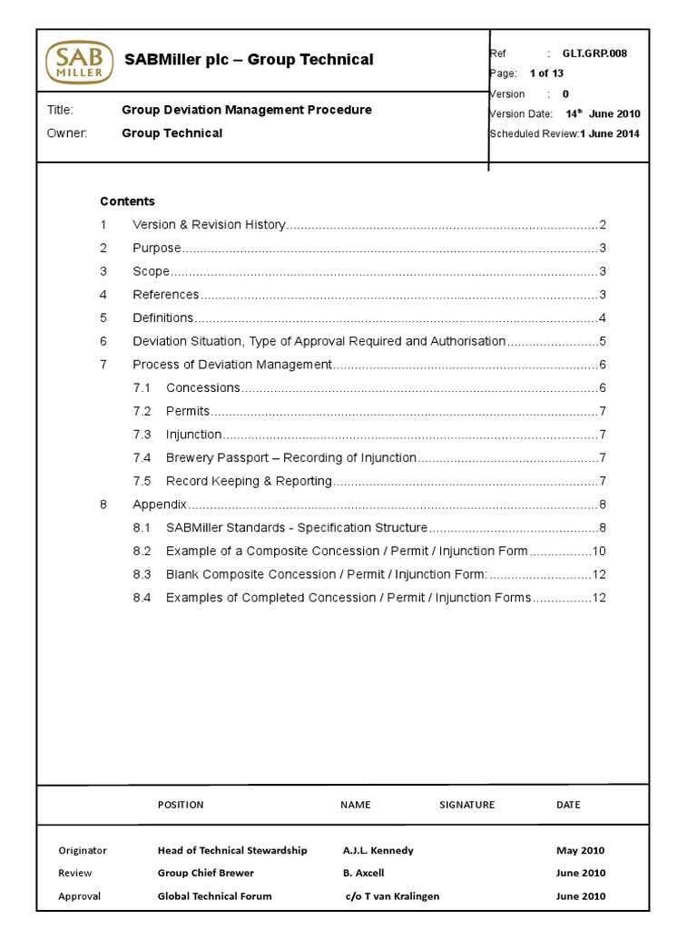 Group Deviation Management Procedure | PDF | Brewery | Business Process