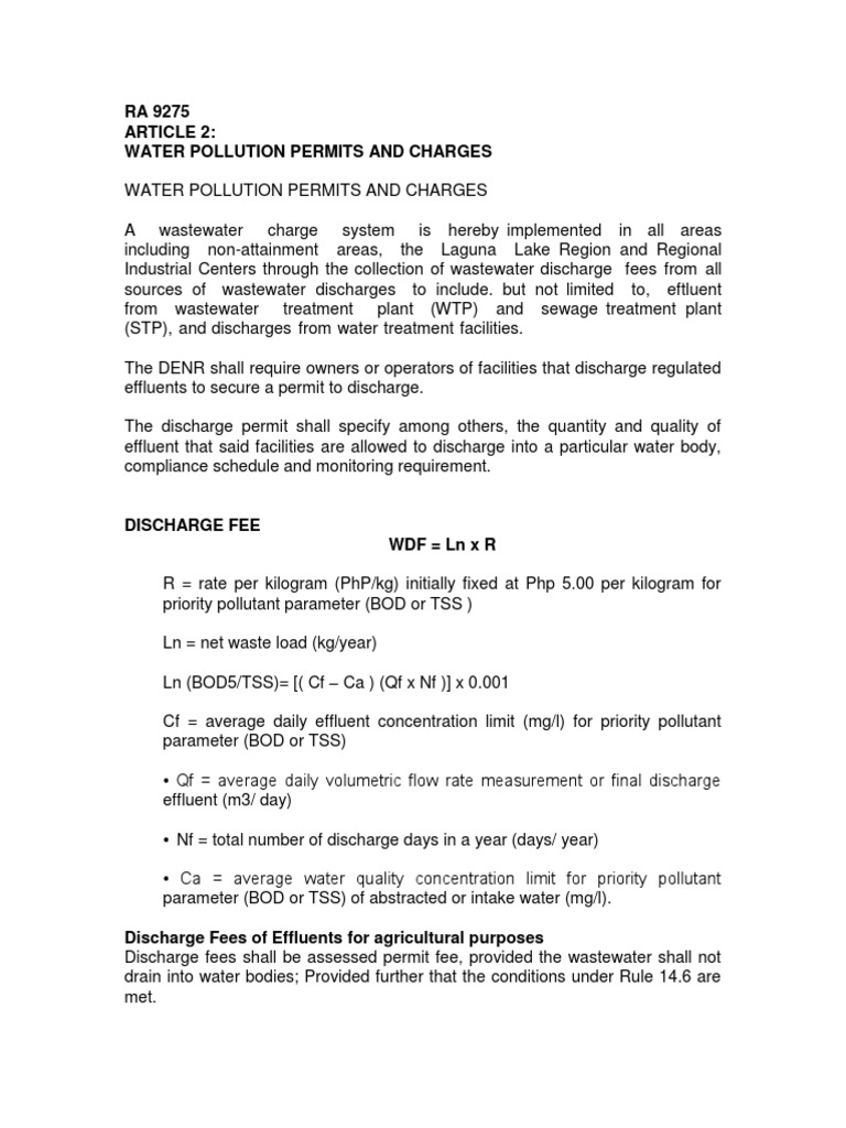 RA 9275 Written Report Discharge Fee PDF Wastewater Water Pollution