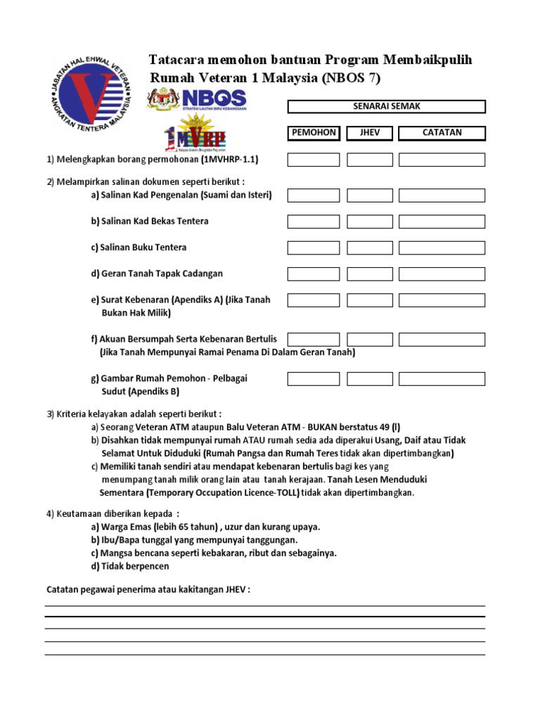 Borang Permohonan Program Membaikpulih Rumah Veteran 1malaysia V1 Edited 3 Mac 2015 Pdf