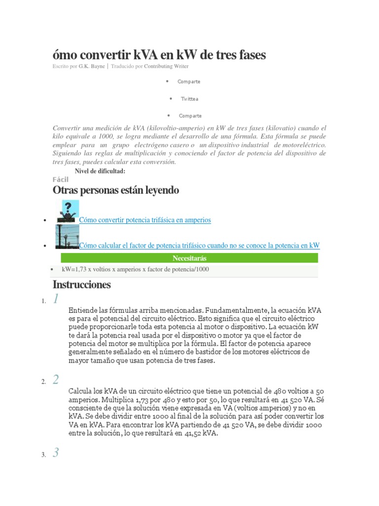 Ómo Convertir KVA en KW de Tres Fases PDF Vatio Energia electrica