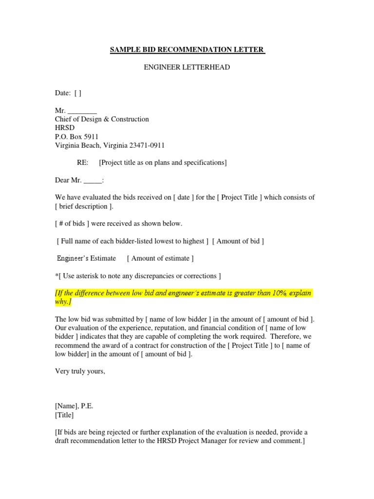 3 01 Sample Bid Recommendation Letter 2016 Ver 1 Business