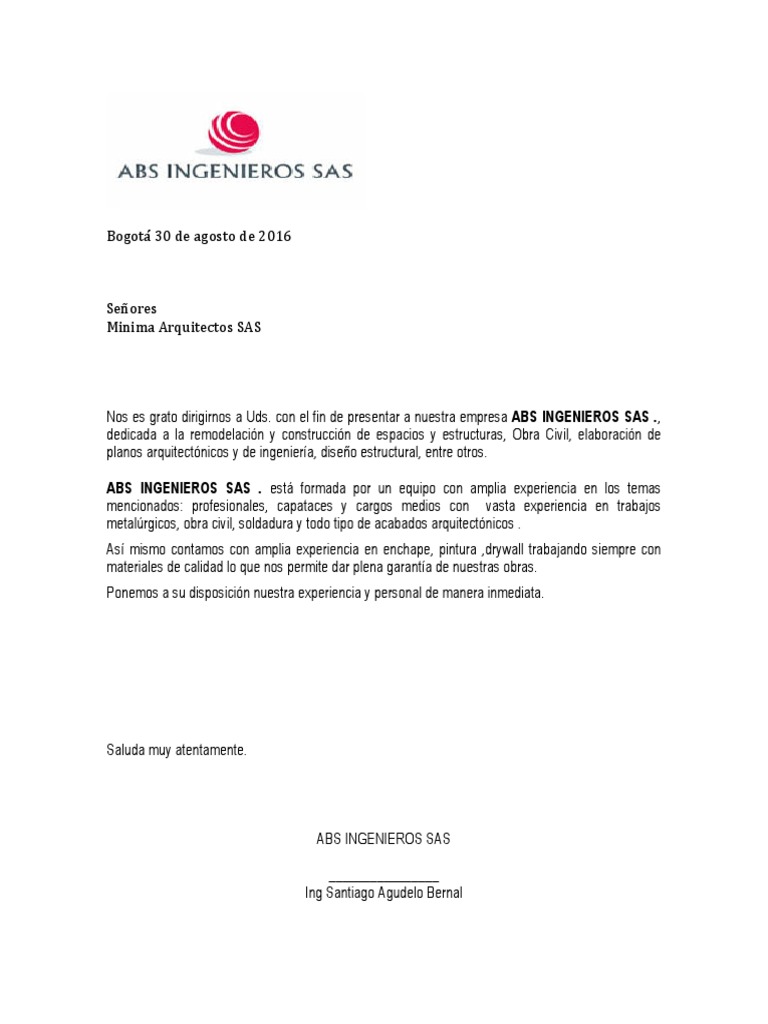 Carta de Presentacion ABS INGENIEROS PDF