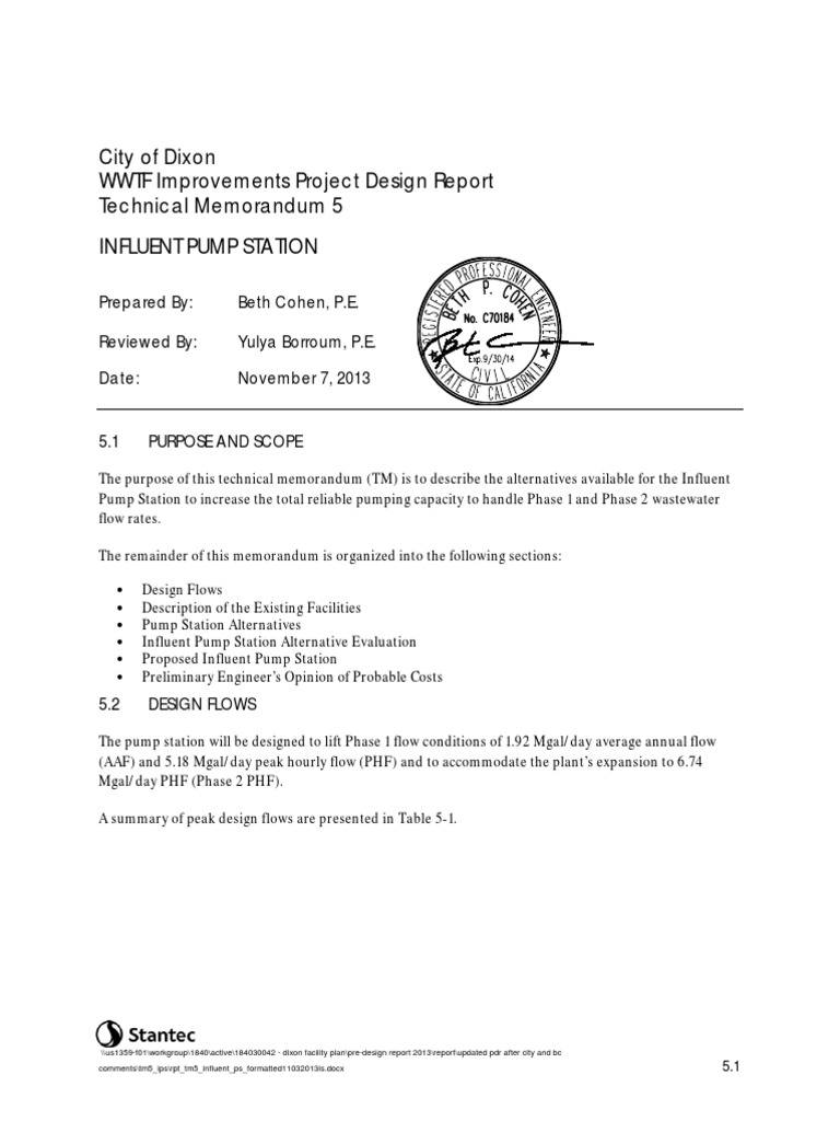 Dixon Influent Pump Station Design Report | PDF | Sewage Treatment ...