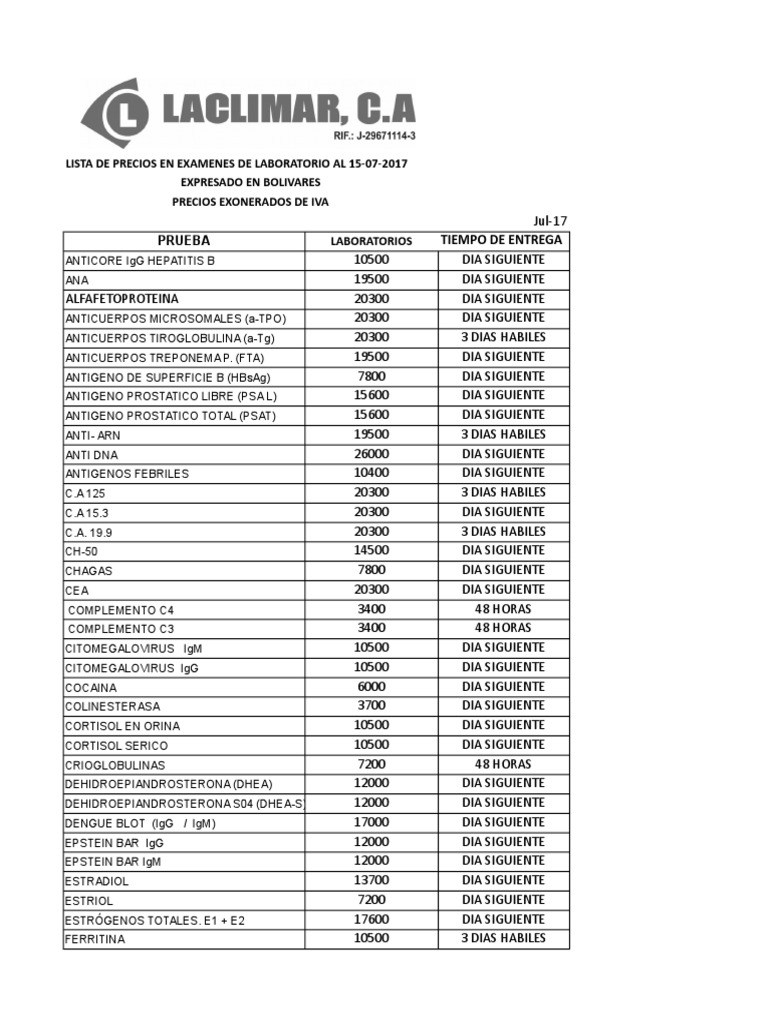 Lista de Precios Laboratorio Julio 2017 Biofísica molecular