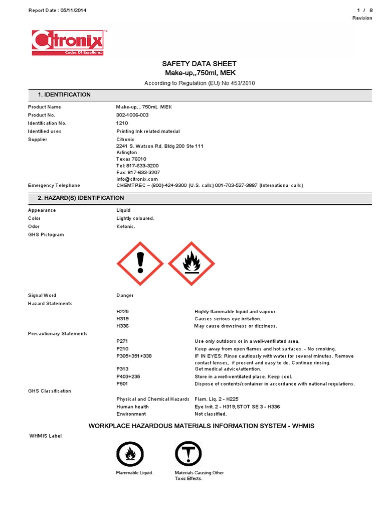 MEK Safety Data Sheet for Makeup | PDF | Toxicity | Dangerous Goods