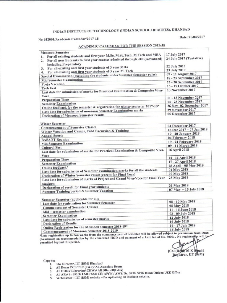 Academic calendar of IIT (ISM) Dhanbad