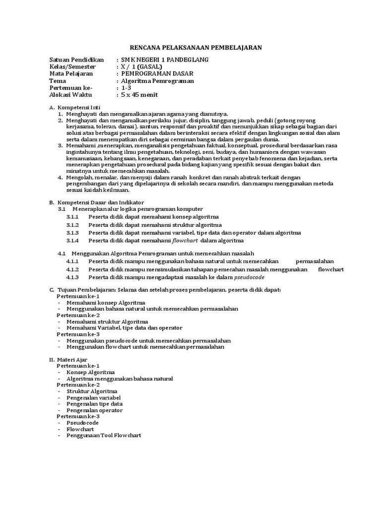 RPP Pemrograman Dasar X 1 RPP Pemrograman Dasar X 1