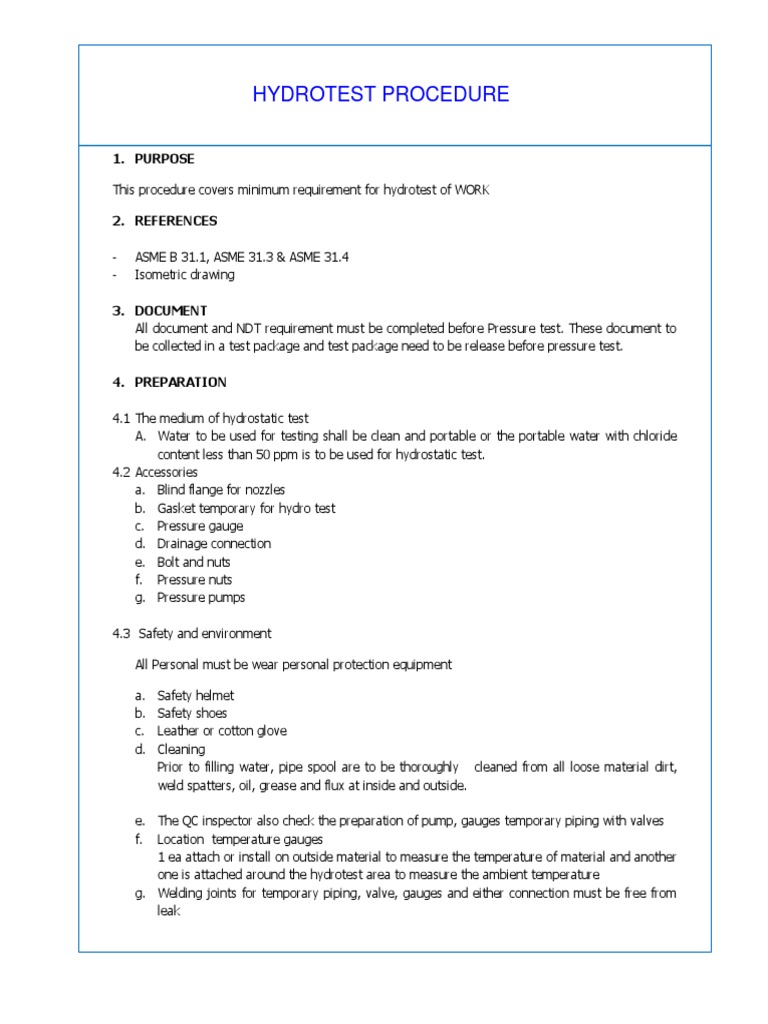 Hydrotest Procedure PDF Pipe (Fluid Conveyance) Building Engineering