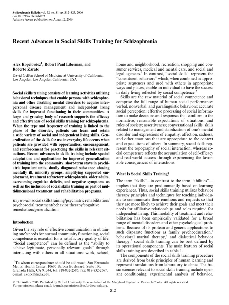 Recent Advances in Social Skills Training For Schizophrenia PDF PDF