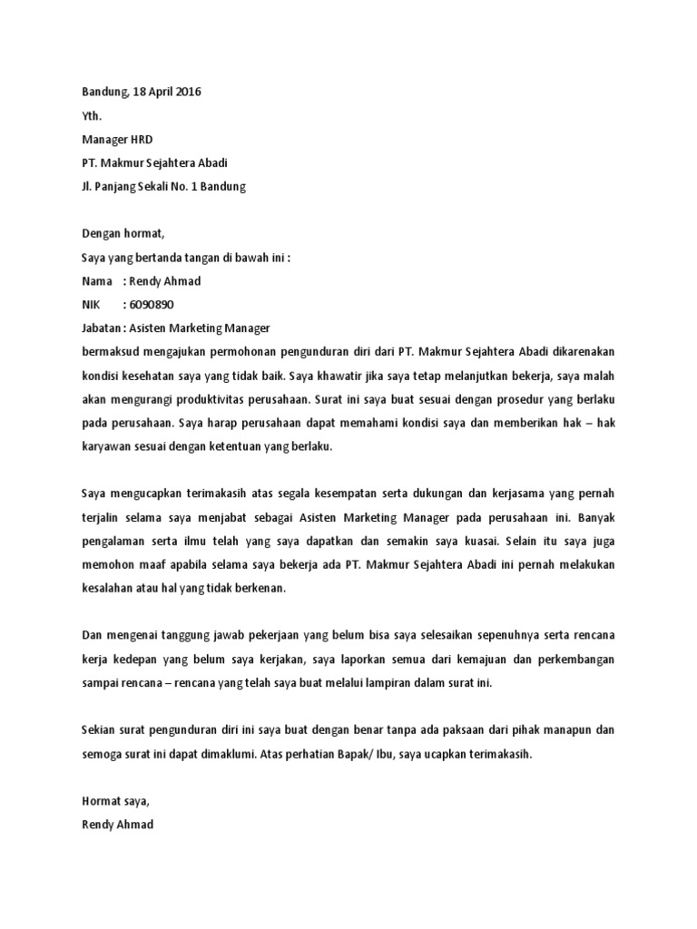 Contoh Surat Resign Karena Sakit Pdf