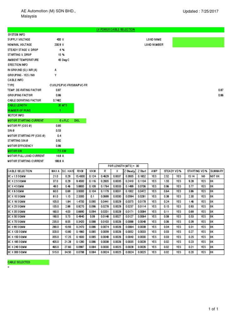 Cable Sizing Calculation | Electromagnetism | Electronics