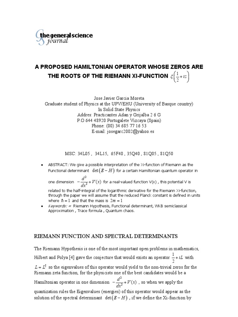 Hamiltonian Operator and Riemann Xi-Function | PDF | Logarithm ...