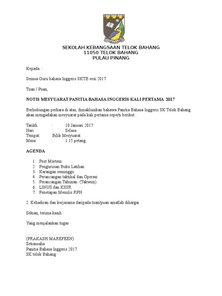 Surat Panggilan Mesyuarat Ke 1 2017 Pdf