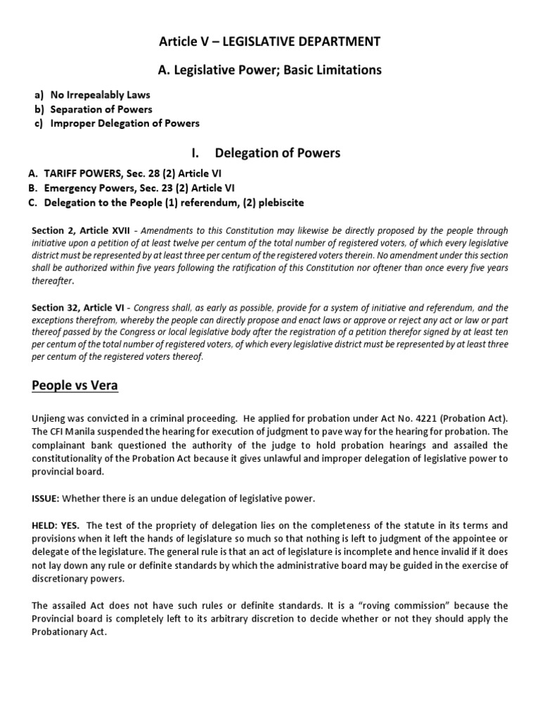 Article V Legislative Department A. Legislative Power Basic