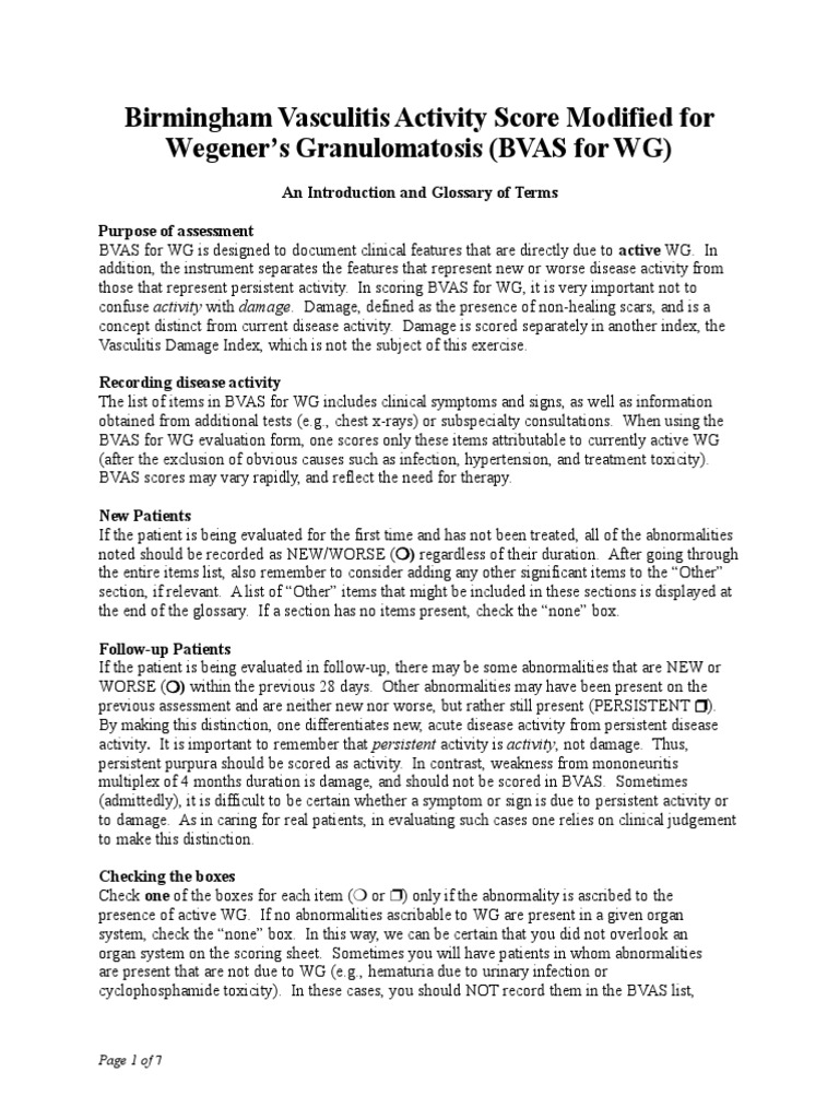 Birmingham Vasculitis Activity Score for WG | PDF | Peripheral ...