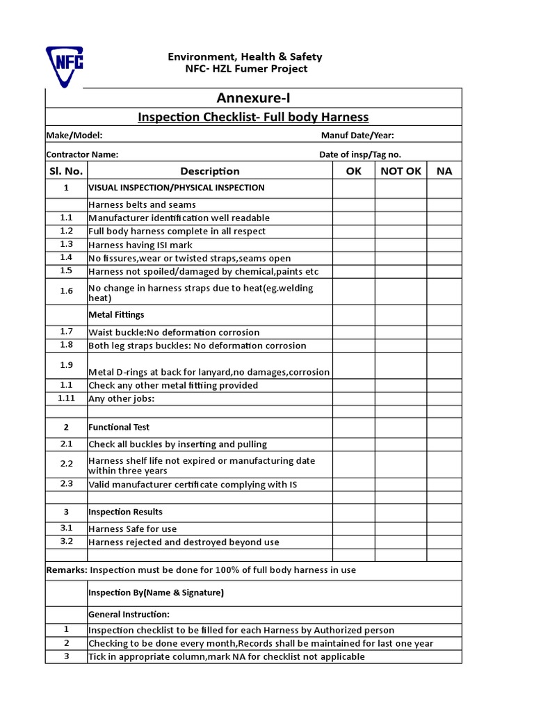 03 Safety Harness Inspection Sheet PDF Rope