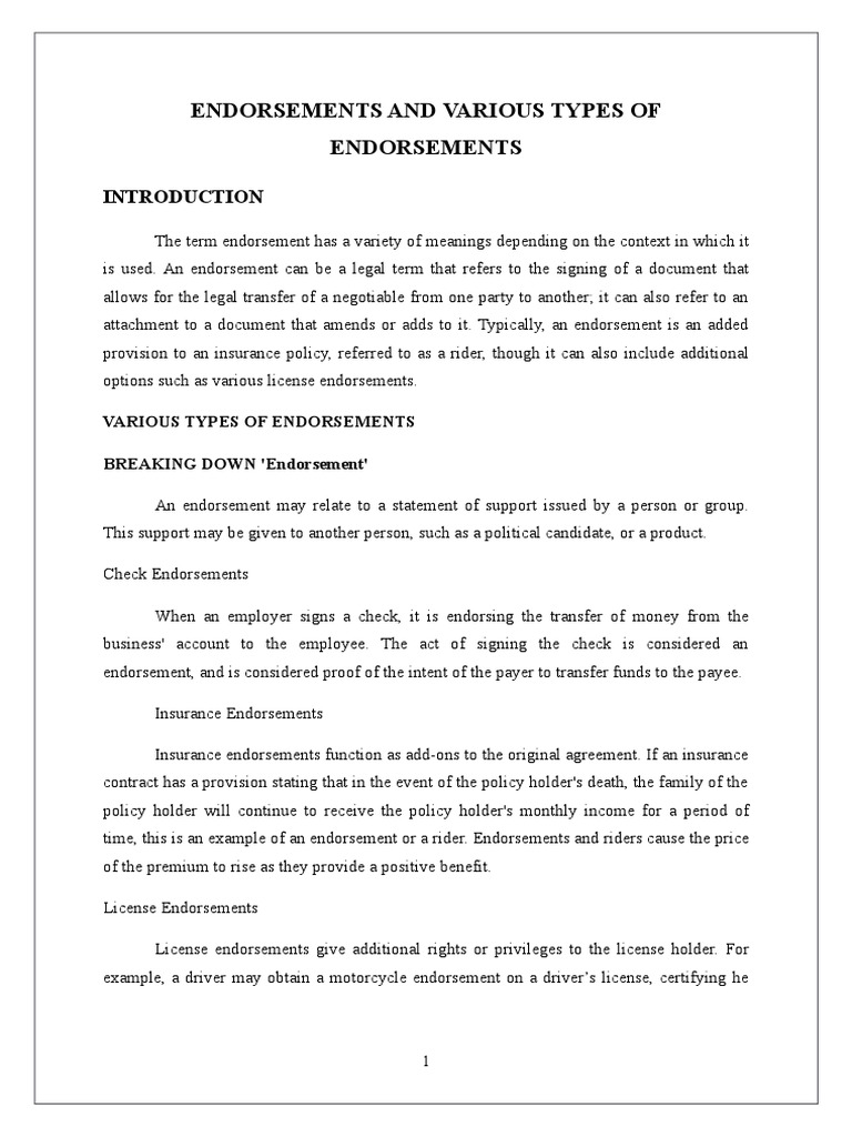 Endorsements and Various Types of Endorsements PDF Insurance Policy