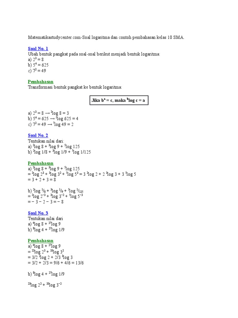 Contoh Soal Logaritma Dan Pembahasannya Kelas 10