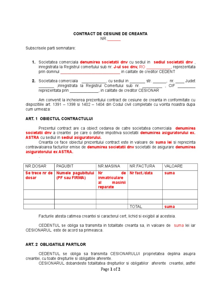 Contract Cesiune in Alb pentru reparatii auto pe asigurare RCA