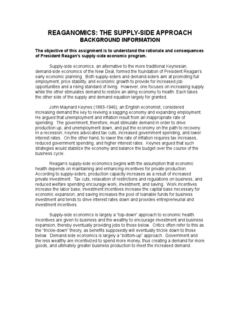 Reaganomics The Supply Side Approach Background Info PDF Supply